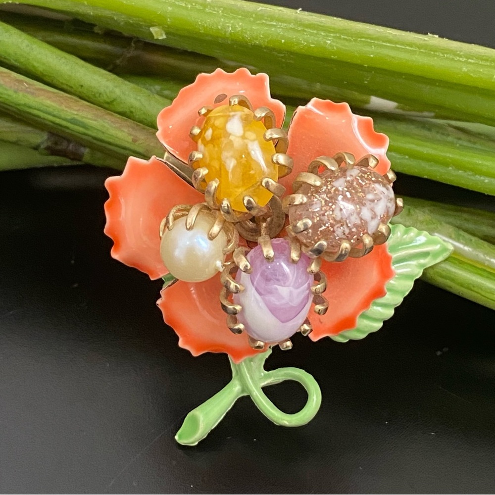 Unique Vintage Enamel Tumbled Stones & Faux Pearl Colorful Flower Brooch 20g
